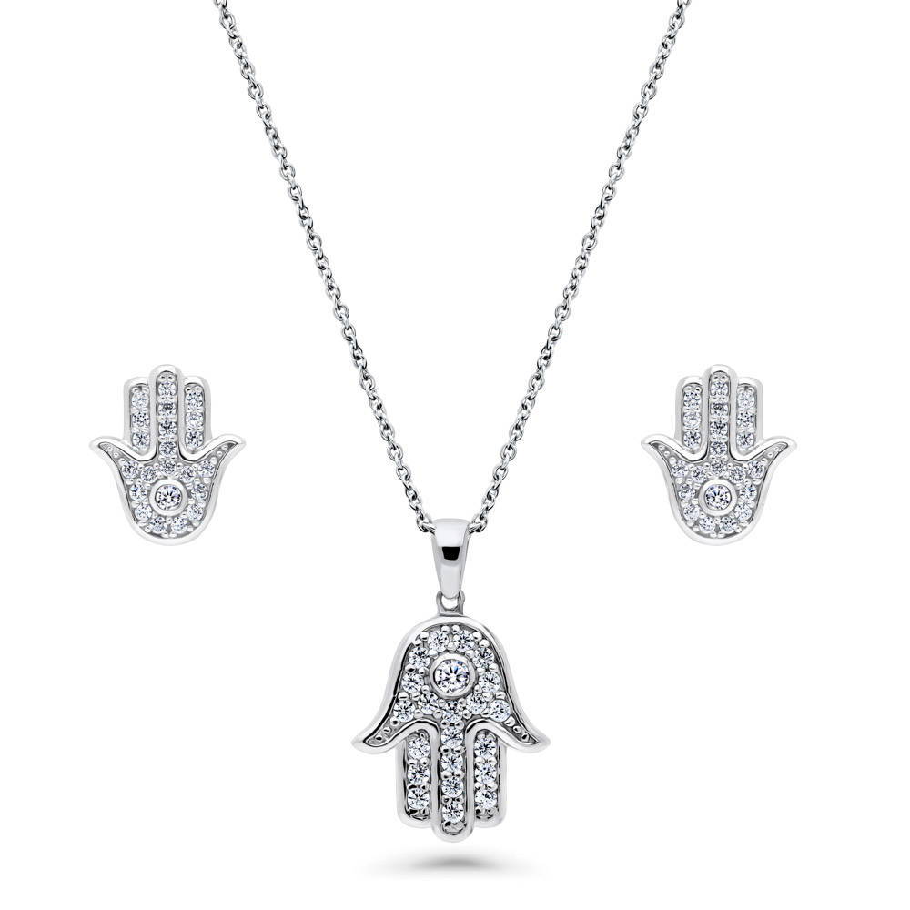 Hamsa Hand CZ Necklace and Earrings Set in Sterling Silver, 1 of 16