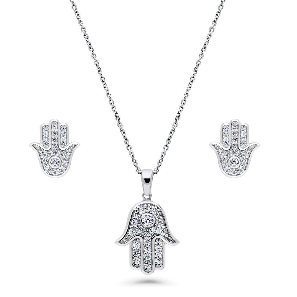 Hamsa Hand CZ Necklace and Earrings in Sterling Silver, 1 of 16