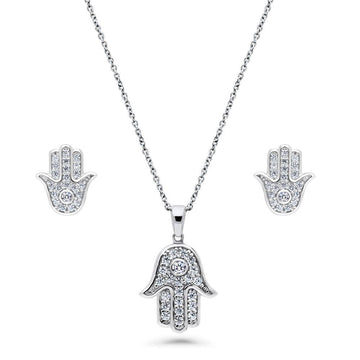 Hamsa Hand CZ Necklace and Earrings Set in Sterling Silver