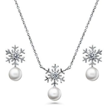 Snowflake CZ Necklace and Earrings Set in Sterling Silver