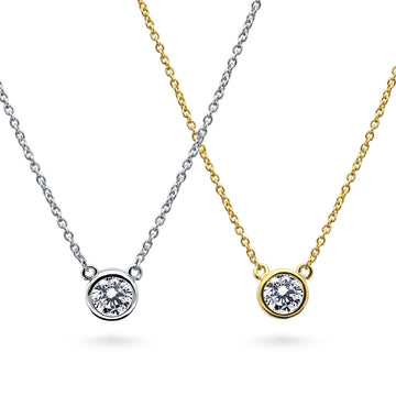 Solitaire 0.9ct Bezel Set Round CZ Necklace in Sterling Silver, 2 Piece