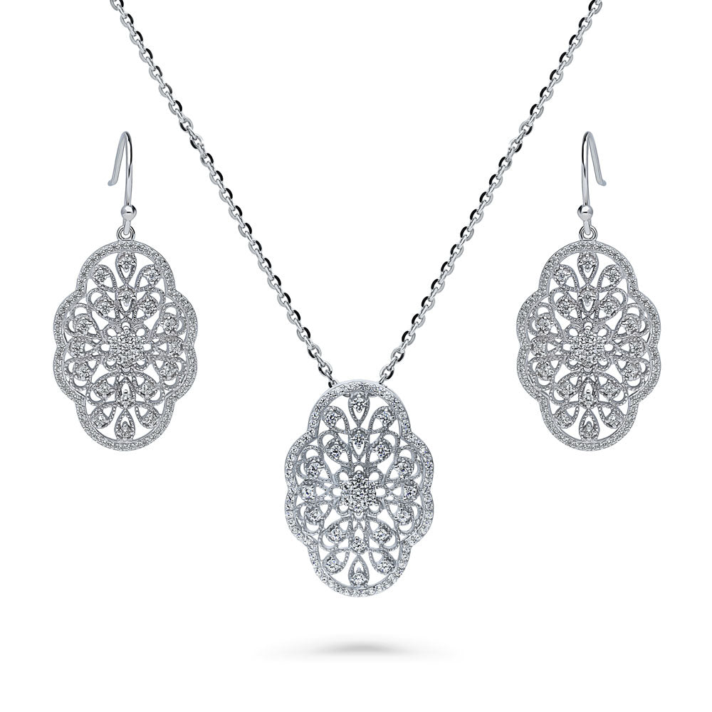 Flower Art Deco CZ Necklace and Earrings Set in Sterling Silver, 1 of 14