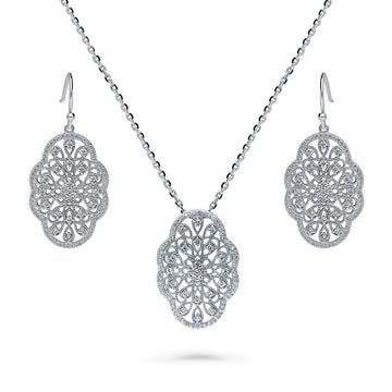 Flower Art Deco CZ Necklace and Earrings Set in Sterling Silver