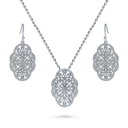 Flower Milgrain Art Deco Filigree CZ Set in Sterling Silver
