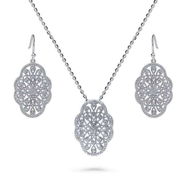 Flower Milgrain Art Deco Filigree Necklace and Earrings Set