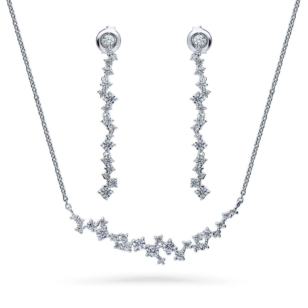 Bar Cluster CZ Necklace and Earrings Set in Sterling Silver