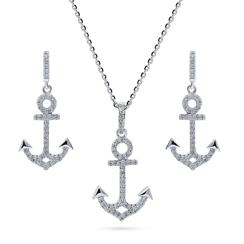 Anchor CZ Necklace and Earrings Set in Sterling Silver, 1 of 10