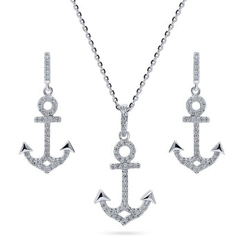 Anchor CZ Necklace and Earrings Set in Sterling Silver