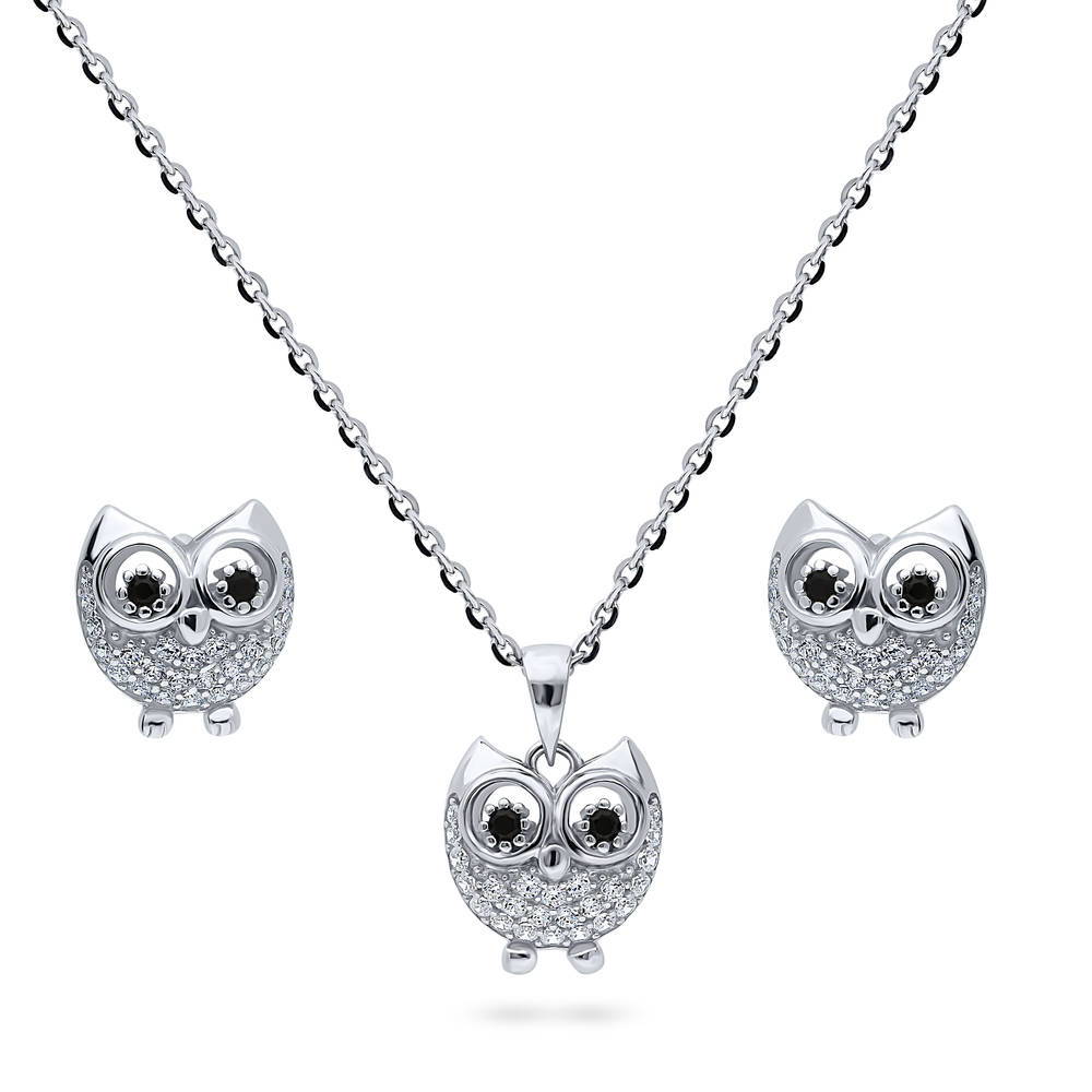 Owl CZ Necklace and Earrings in Sterling Silver, 1 of 10