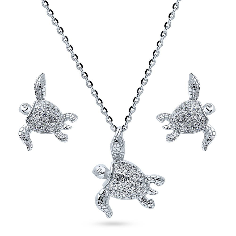 Turtle CZ Necklace and Earrings Set in Sterling Silver
