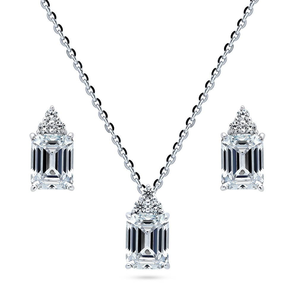 Solitaire Emerald Cut CZ Necklace and Earrings Set in Sterling Silver, 1 of 13