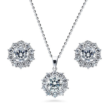 Flower Halo CZ Necklace and Earrings Set in Sterling Silver