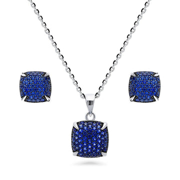 Milgrain Blue CZ Necklace and Earrings Set in Sterling Silver