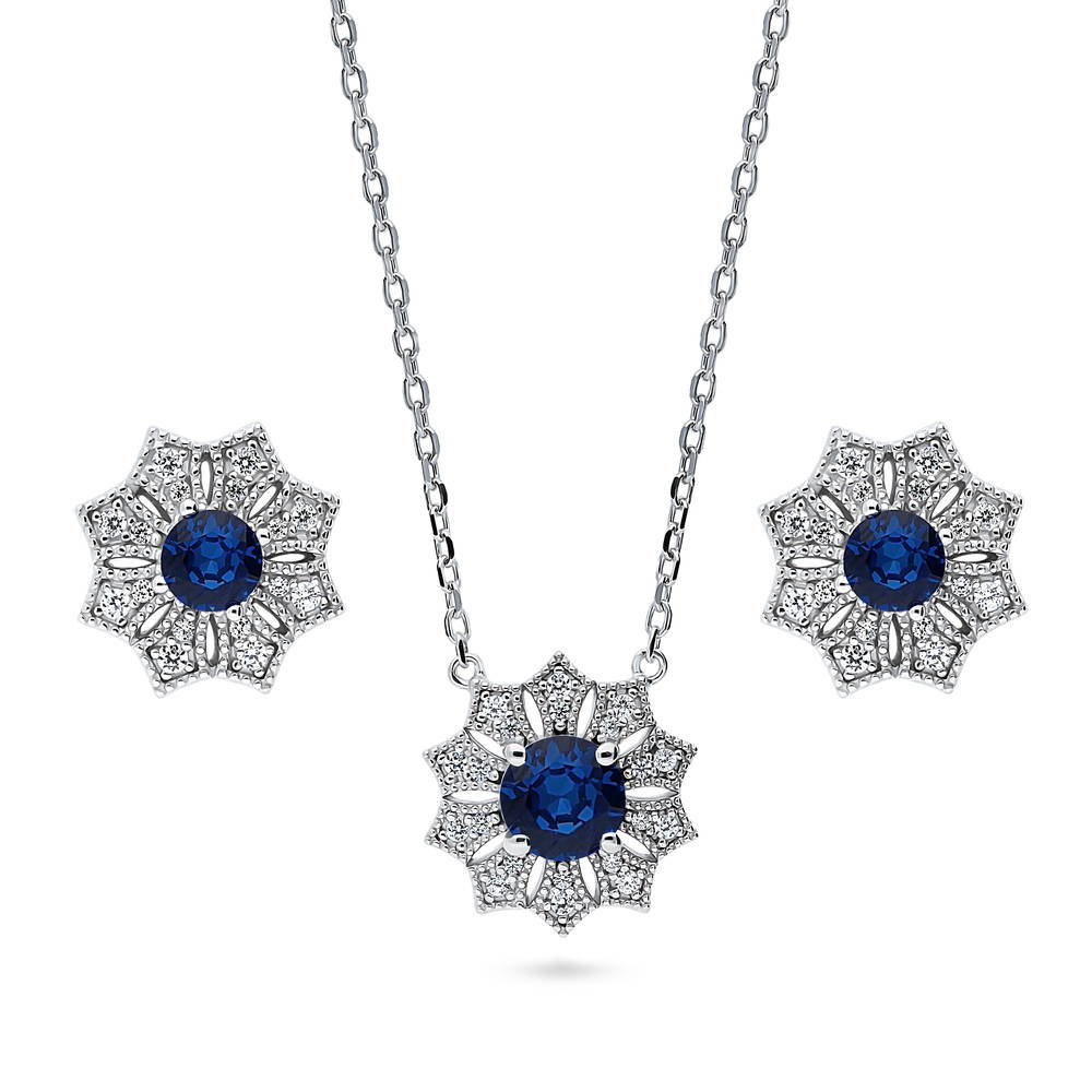 Flower Halo Blue CZ Necklace and Earrings Set in Sterling Silver