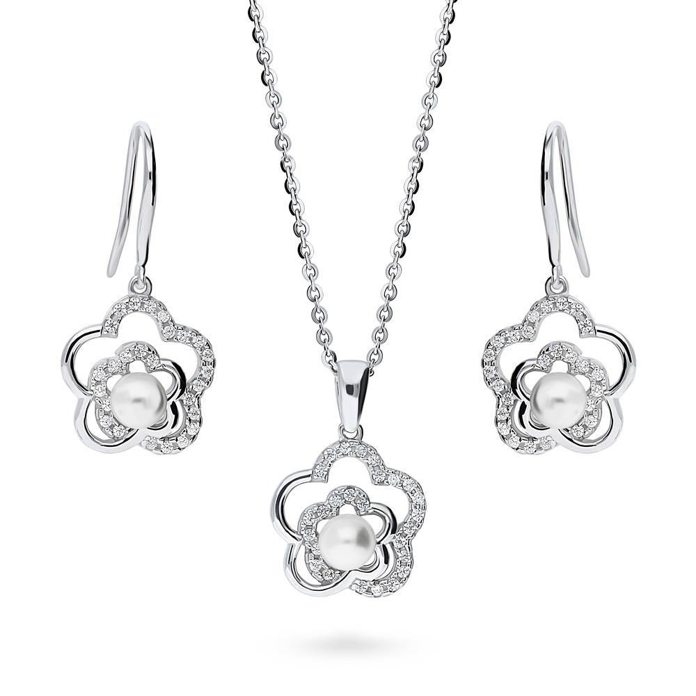 Flower Imitation Pearl Necklace and Earrings Set in Sterling Silver