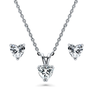 Heart Solitaire CZ Necklace and Earrings Set in Sterling Silver