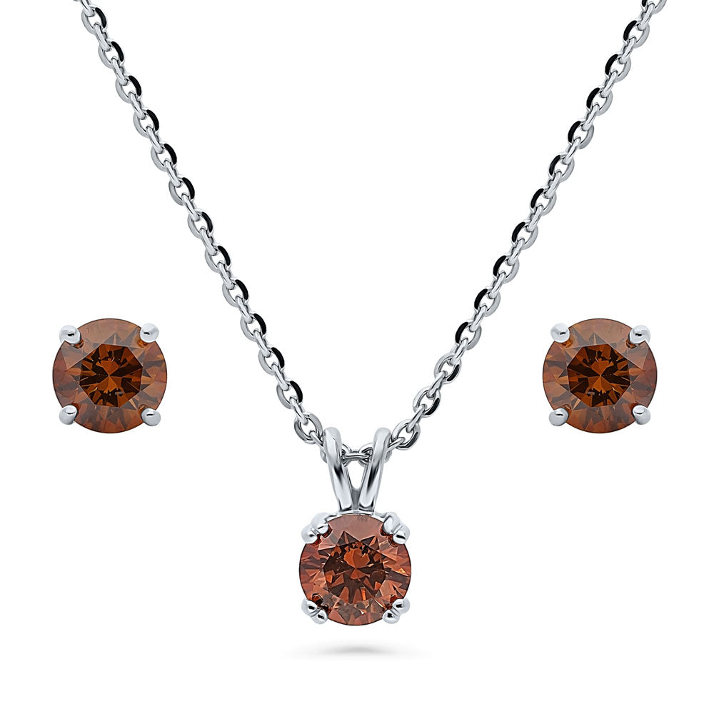 Solitaire Caramel Round CZ Necklace and Earrings Set in Sterling Silver