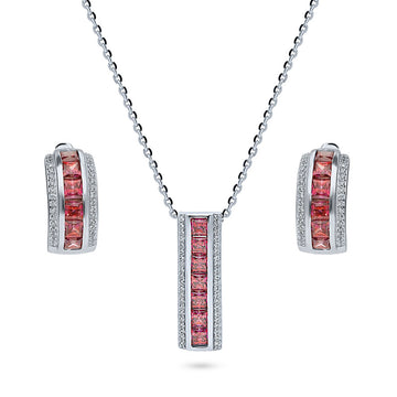 Dome Bar Red CZ Necklace and Huggie Earrings Set in Sterling Silver