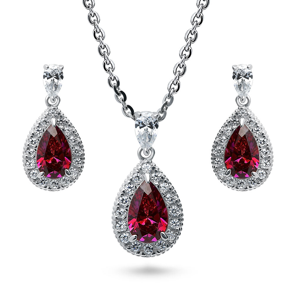 Halo Red Pear CZ Necklace and Earrings Set in Sterling Silver, 1 of 11