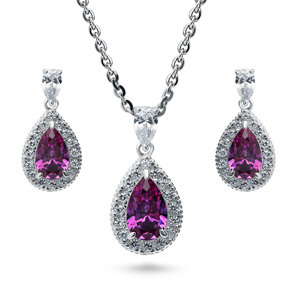 Halo Purple Pear CZ Necklace and Earrings Set in Sterling Silver