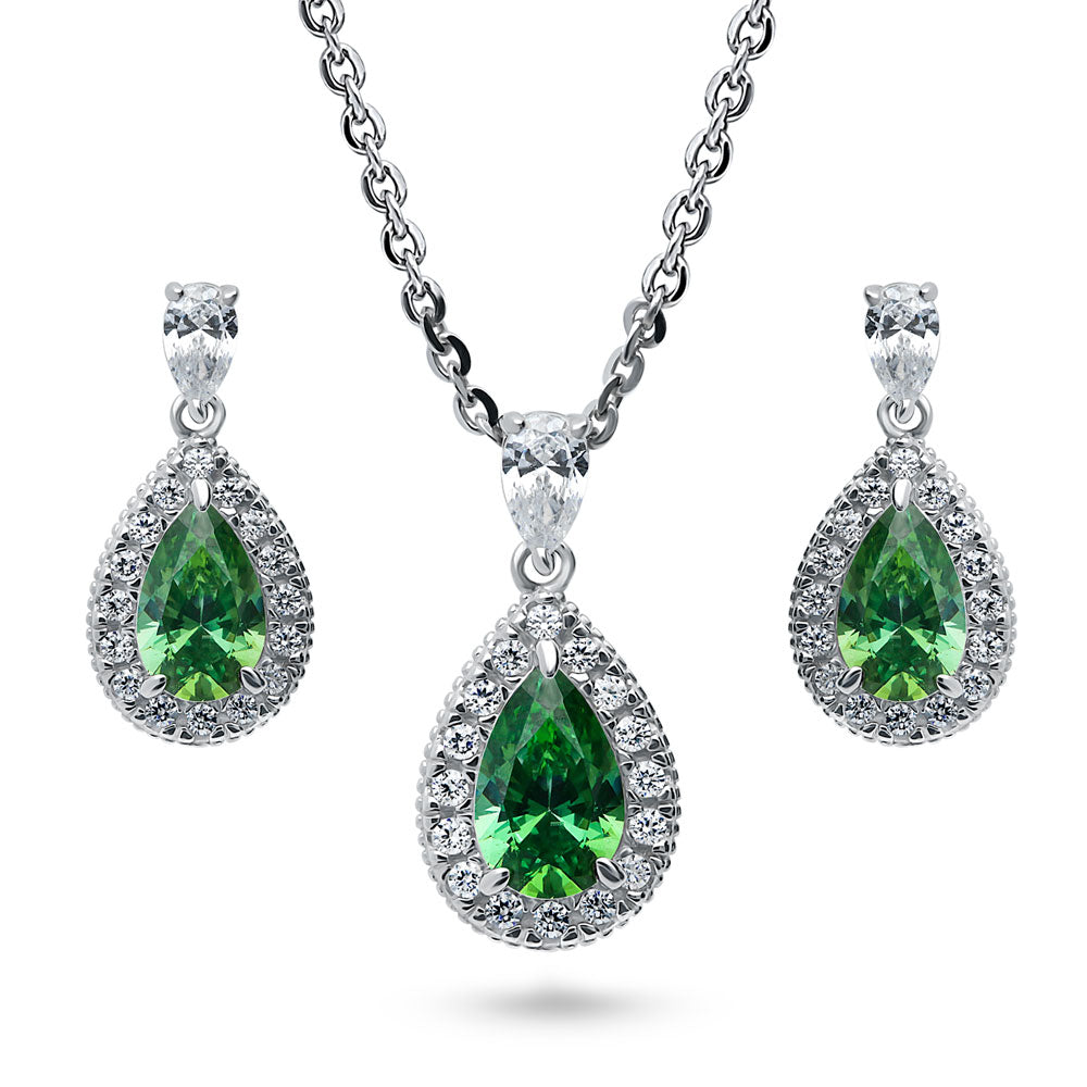 Halo Green Pear CZ Necklace and Earrings Set in Sterling Silver, 1 of 11