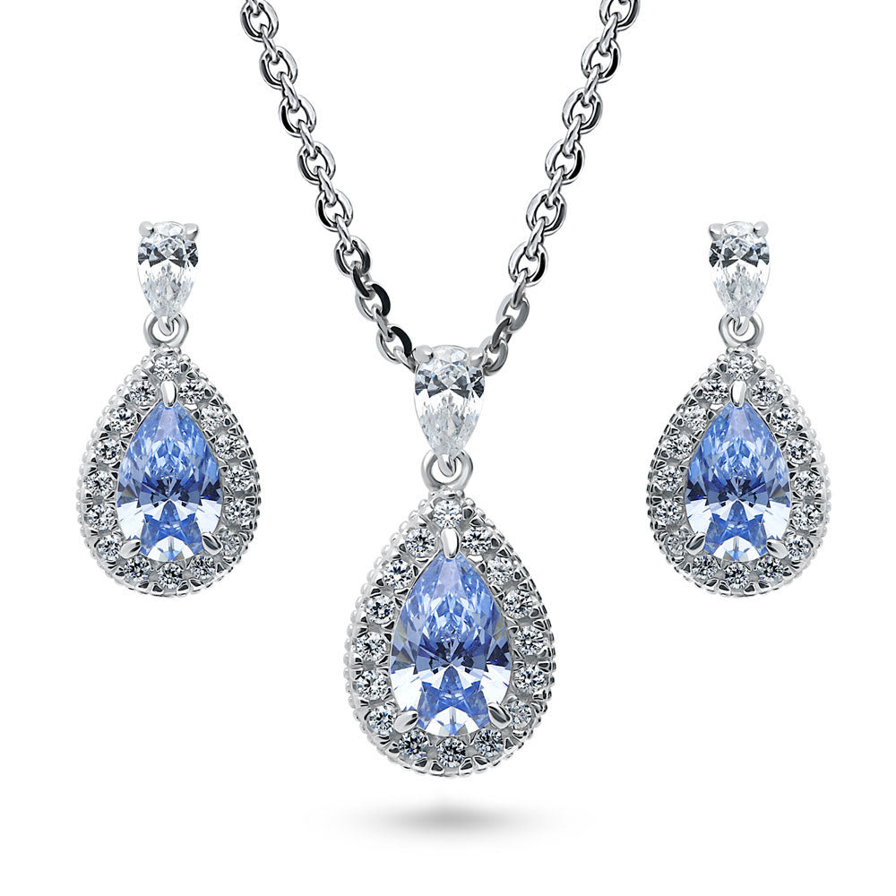 Halo Blue Pear CZ Necklace and Earrings Set in Sterling Silver, 1 of 12
