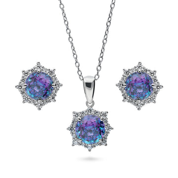 Halo Kaleidoscope Purple Aqua Round CZ Set in Sterling Silver