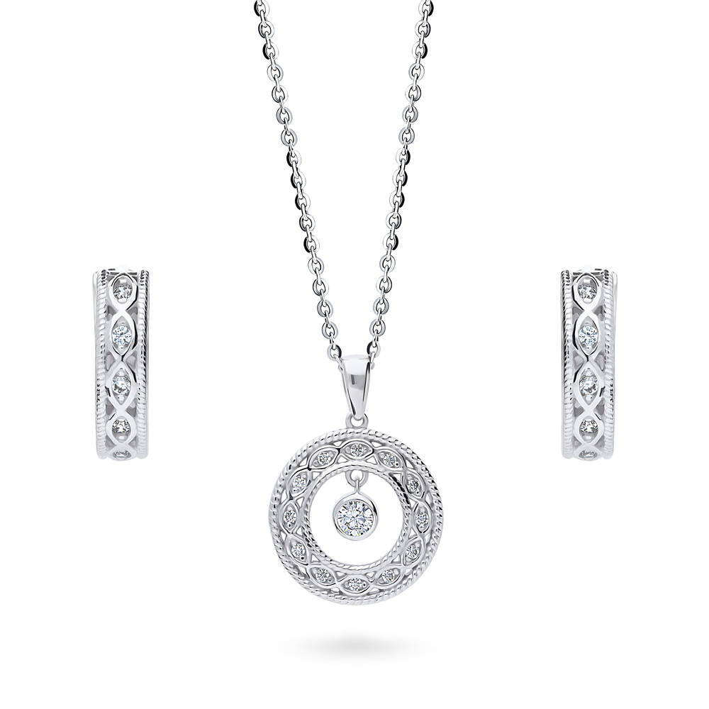 Open Circle Woven CZ Necklace and Hoop Earrings Set in Sterling Silver