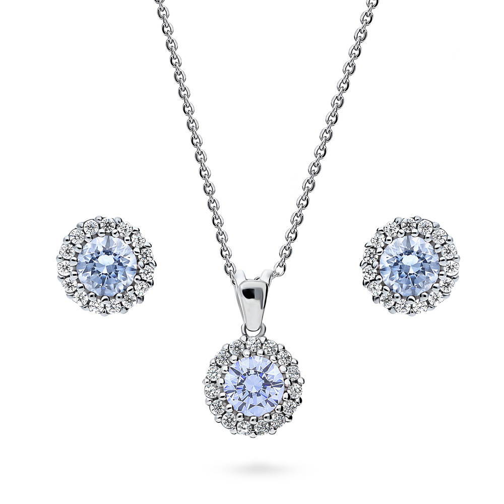 Halo Greyish Blue Round CZ Necklace and Earrings Set in Sterling Silver, 1 of 12