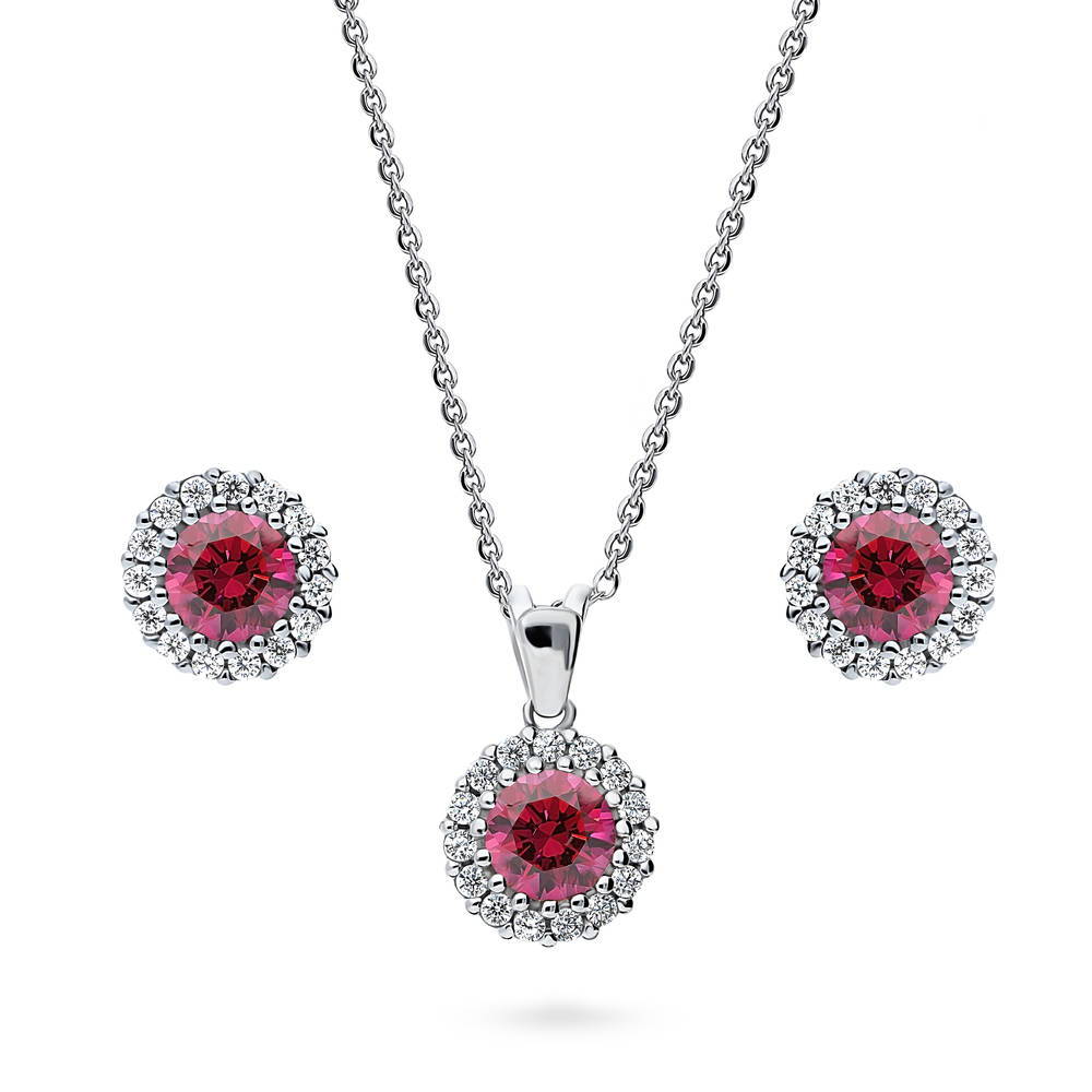Halo Red Round CZ Necklace and Earrings Set in Sterling Silver