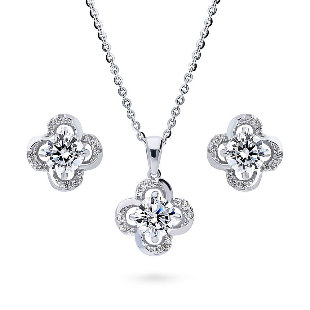 Flower CZ Necklace and Earrings Set in Sterling Silver, 1 of 10
