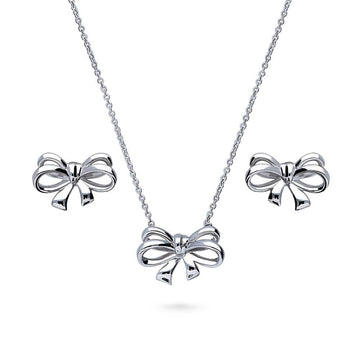 Bow Tie Ribbon Necklace and Earrings Set in Sterling Silver