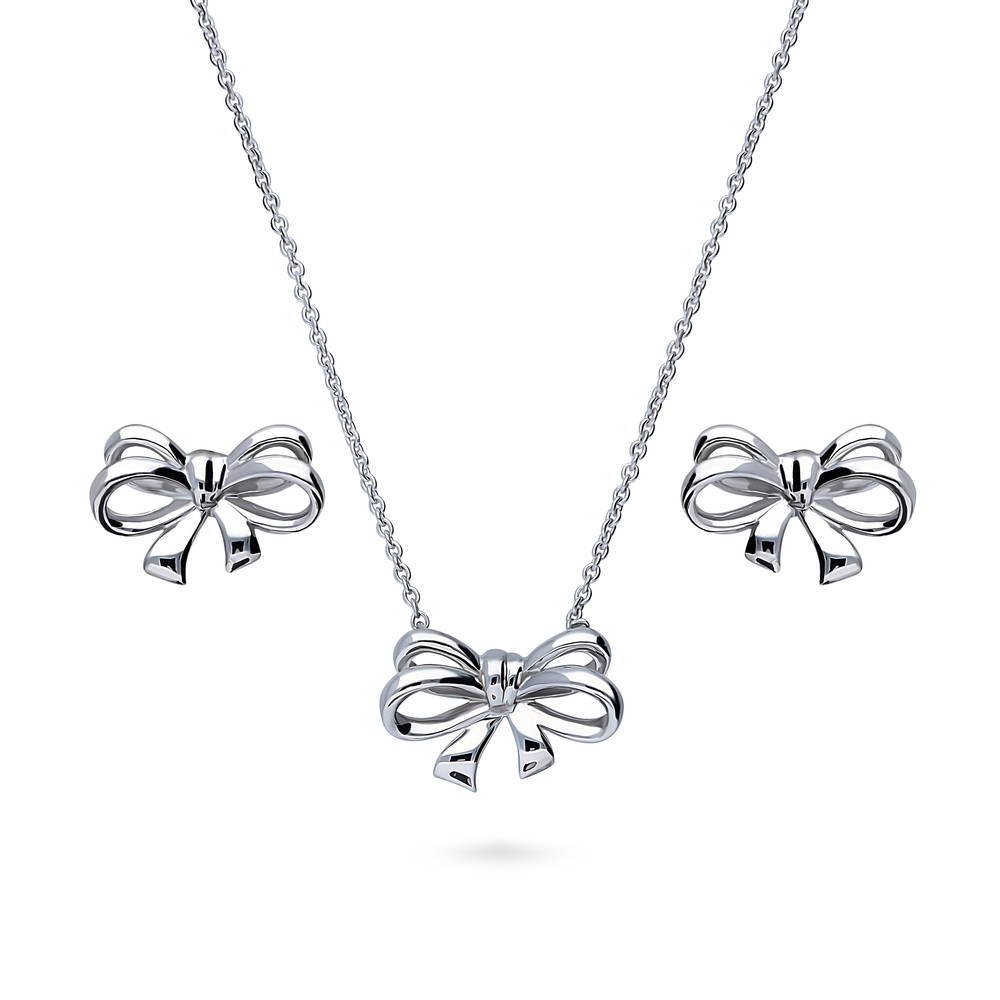 Bow Tie Ribbon Necklace and Earrings Set in Sterling Silver, 1 of 11