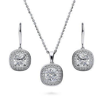 Halo Woven Cushion CZ Necklace and Earrings Set in Sterling Silver