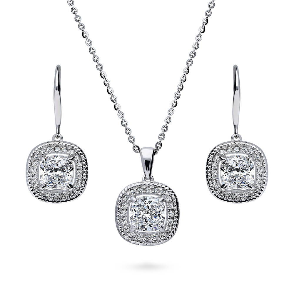Halo Woven Cushion CZ Necklace and Earrings Set in Sterling Silver, 1 of 12