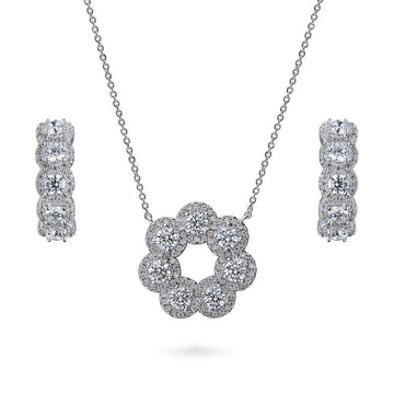 5-Stone 7-Stone CZ Necklace and Hoop Earrings Set in Sterling Silver