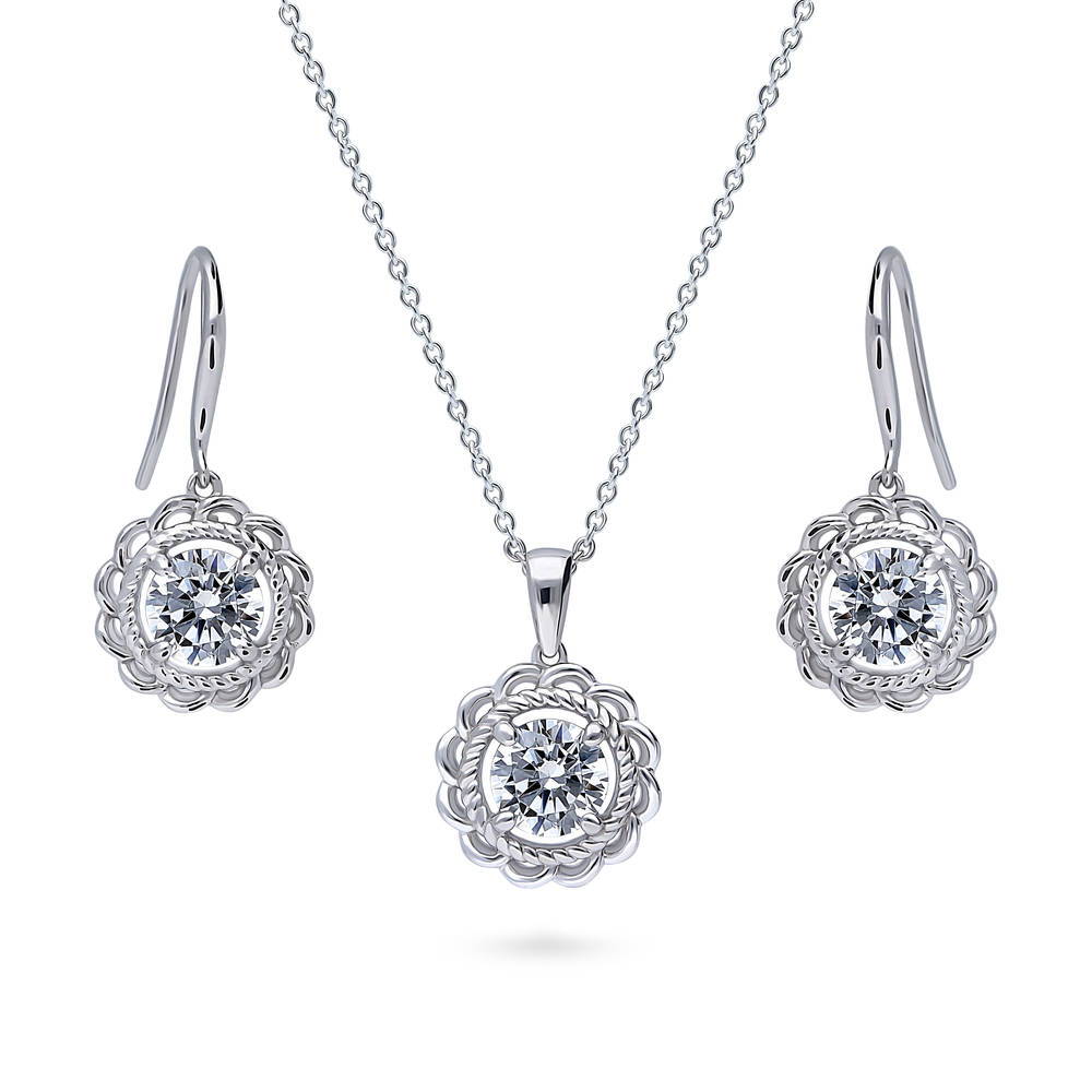 Flower Solitaire CZ Necklace and Earrings Set in Sterling Silver, 1 of 10
