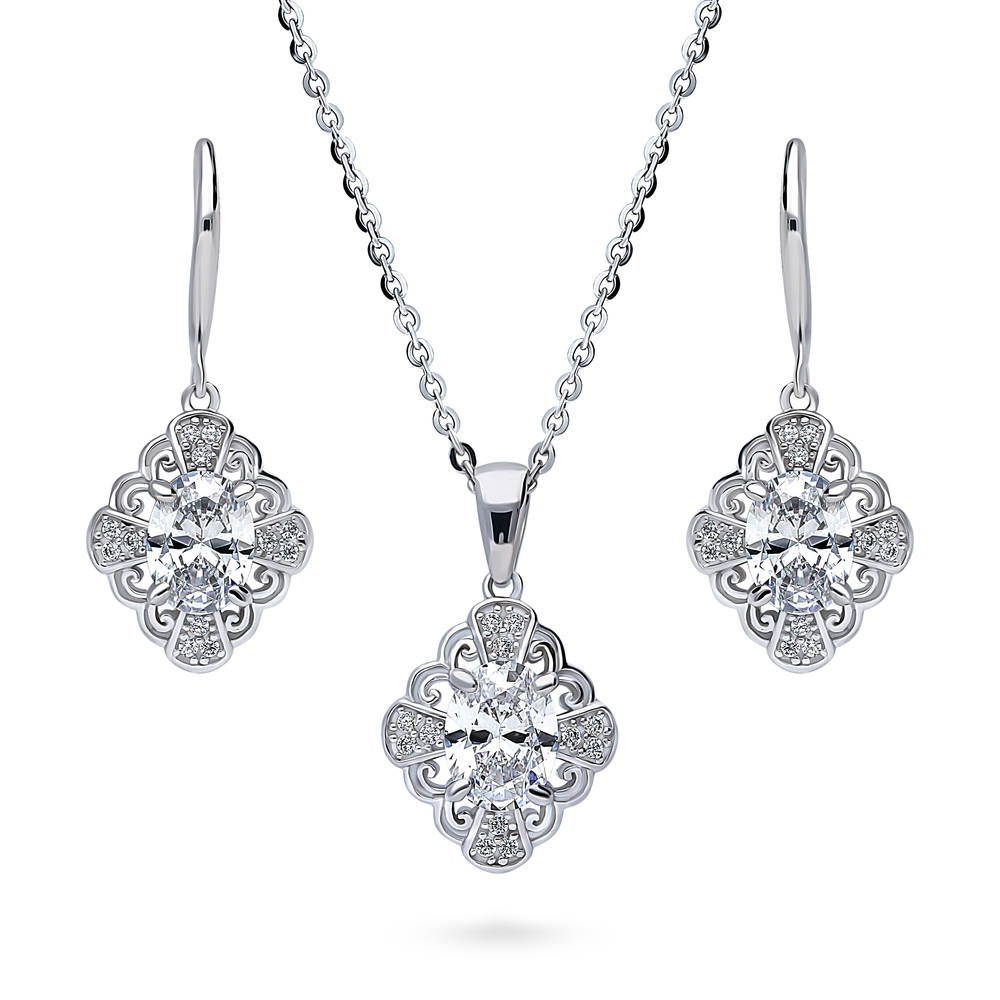 Flower Halo CZ Necklace and Earrings Set in Sterling Silver, 1 of 9