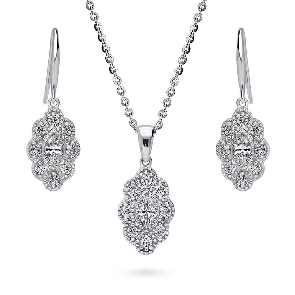 Halo Navette Marquise CZ Necklace and Earrings Set in Sterling Silver