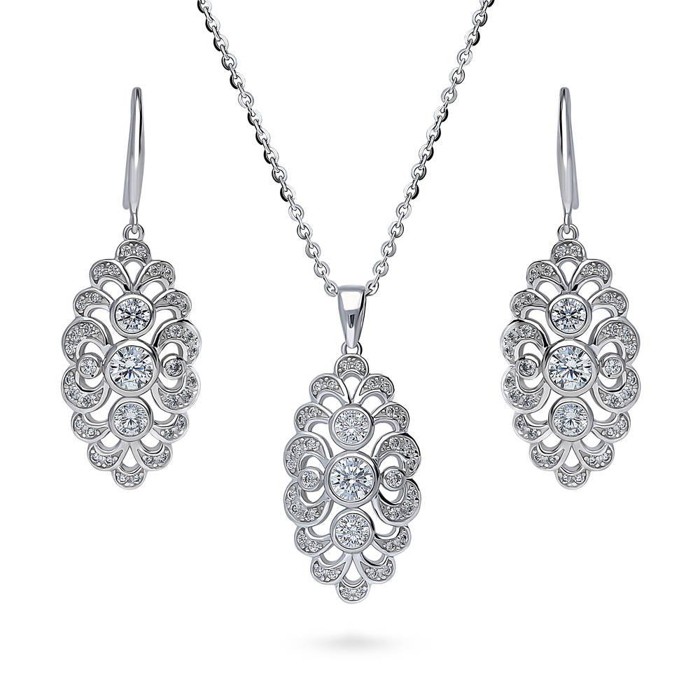 Navette Art Deco CZ Necklace and Earrings Set in Sterling Silver
