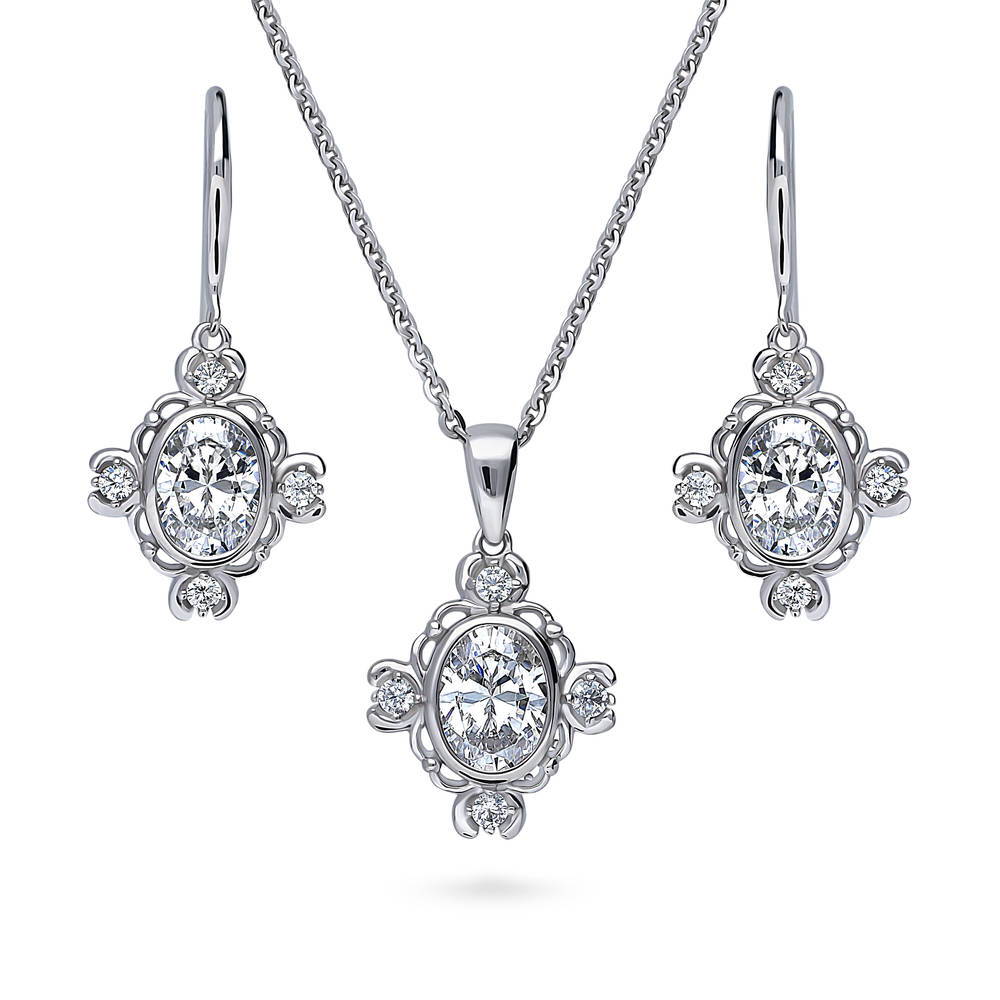Flower Art Deco CZ Necklace and Earrings Set in Sterling Silver, 1 of 9