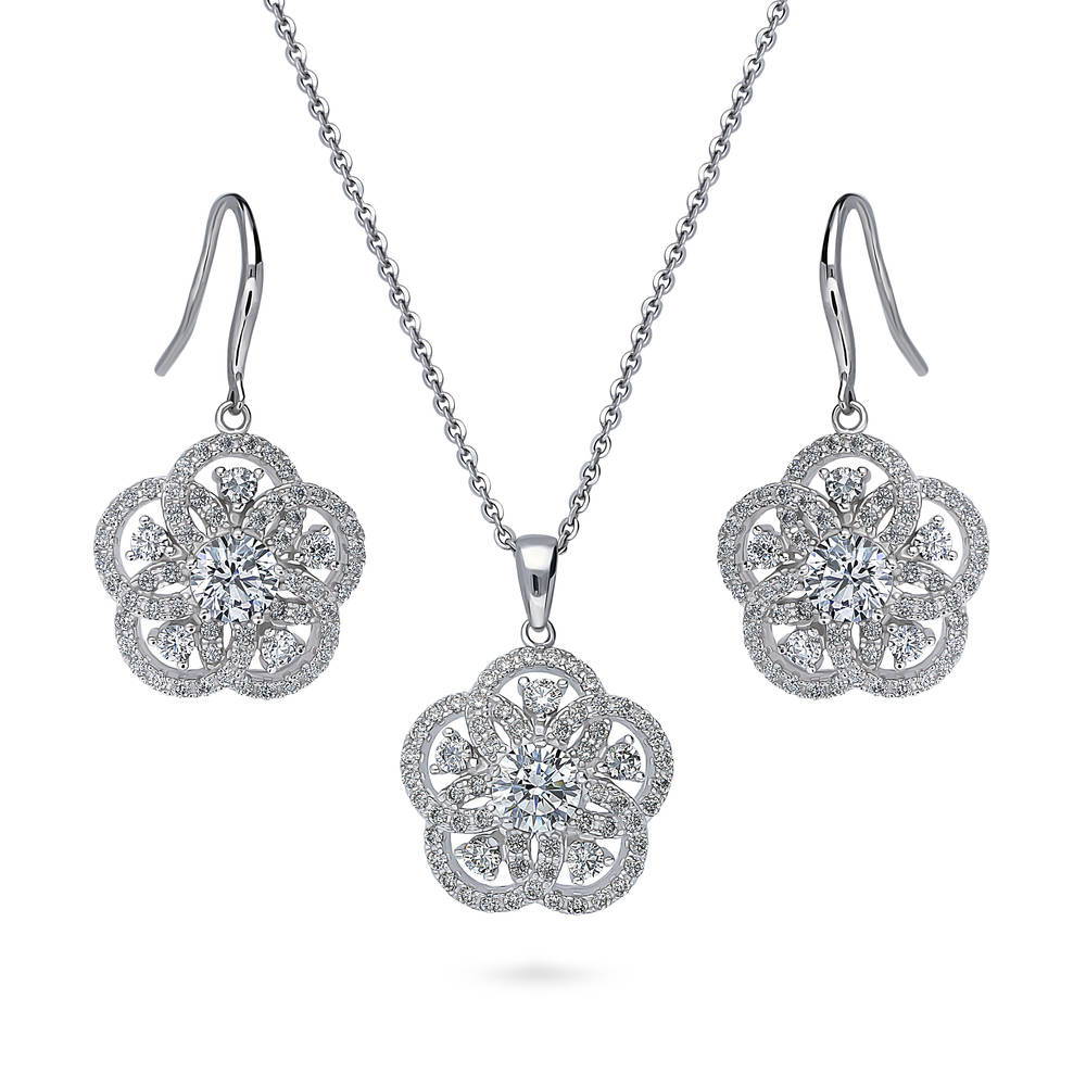Flower CZ Statement Necklace and Earrings Set in Sterling Silver, 1 of 10