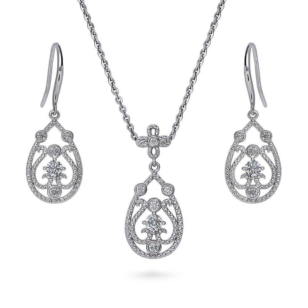 Art Deco Milgrain CZ Necklace and Earrings Set in Sterling Silver, 1 of 9