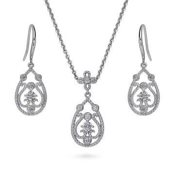 Art Deco Milgrain CZ Necklace and Earrings Set in Sterling Silver