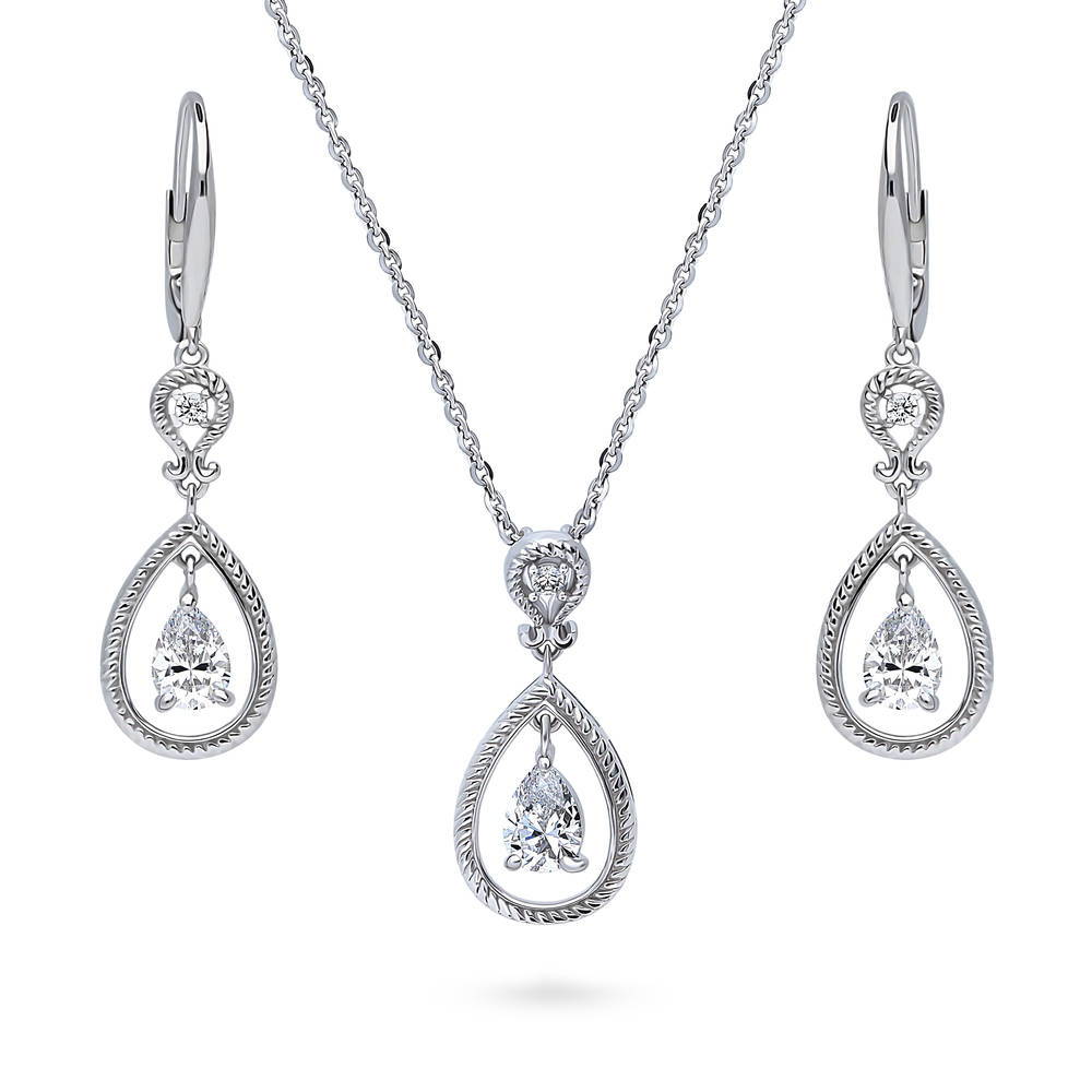 Cable Teardrop CZ Necklace and Earrings Set in Sterling Silver