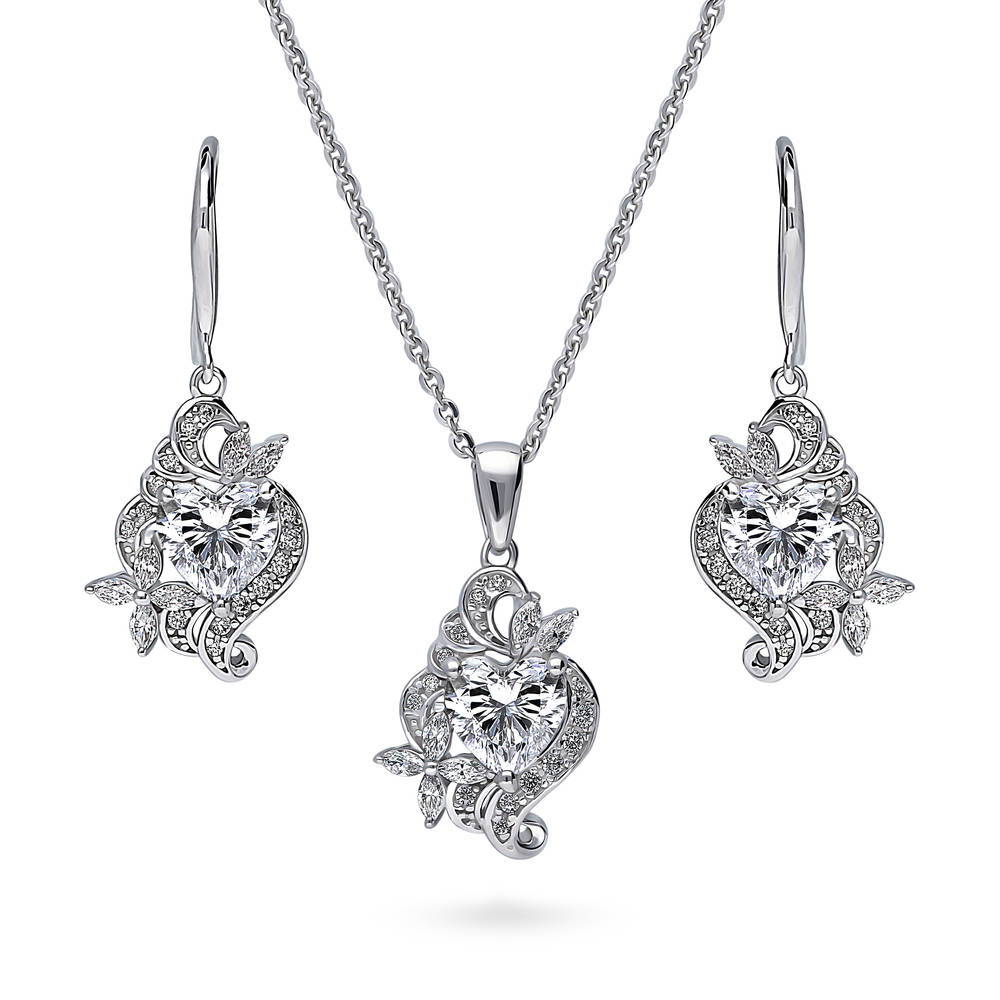 Flower Heart CZ Necklace and Earrings Set in Sterling Silver, 1 of 9