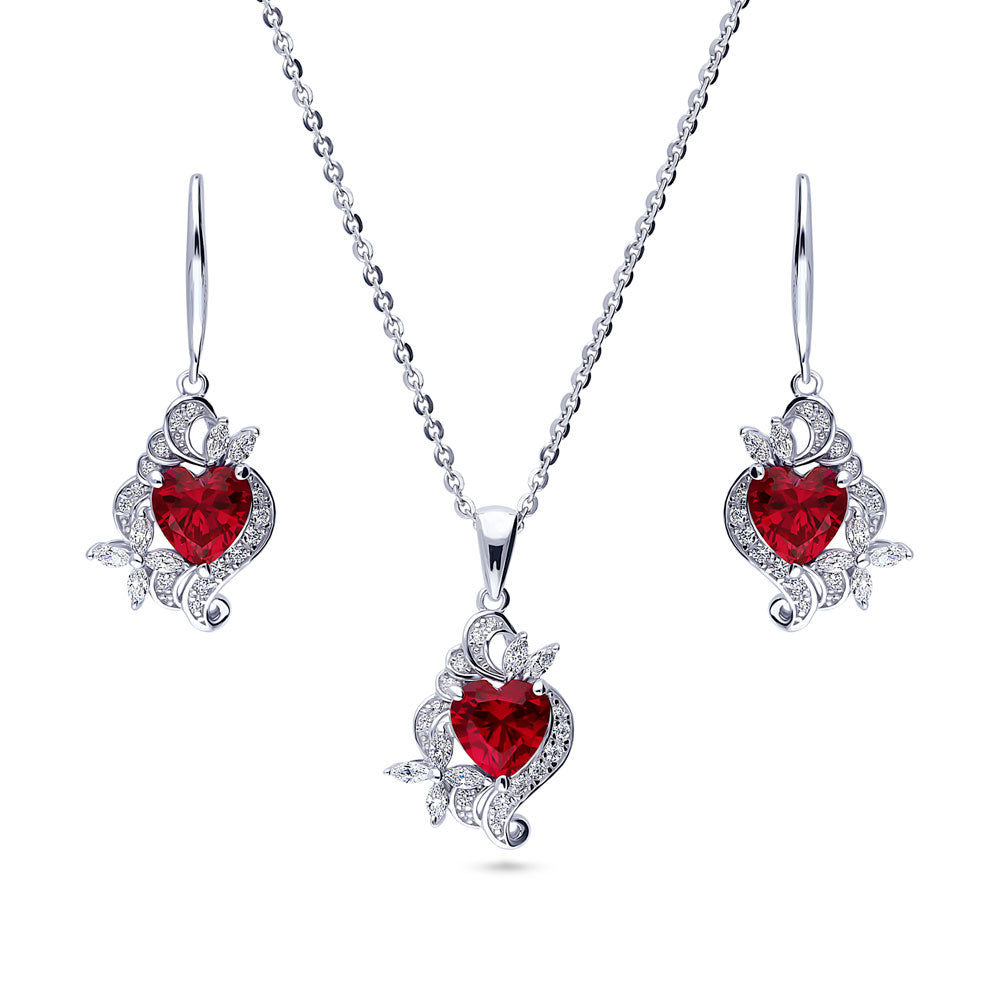 Flower Heart Simulated Ruby CZ Set in Sterling Silver, 1 of 13