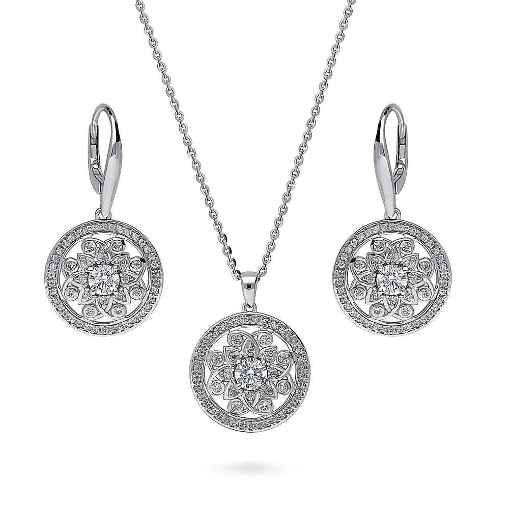 Flower Medallion CZ Necklace and Earrings Set in Sterling Silver, 1 of 14