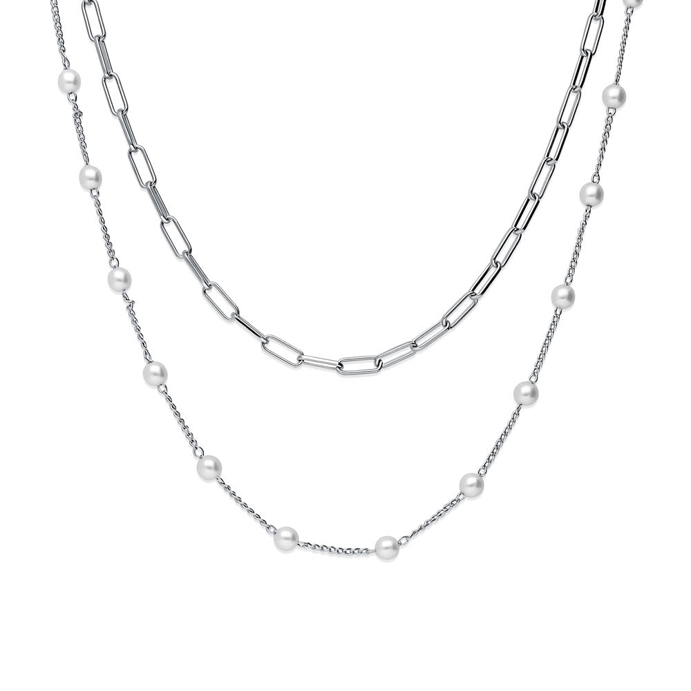 Paperclip Imitation Pearl Chain Necklace in Silver-Tone, 2 Piece, 1 of 17