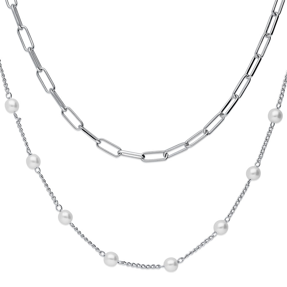 Front view of Paperclip Imitation Pearl Chain Necklace in Silver-Tone, 2 Piece, 4 of 17